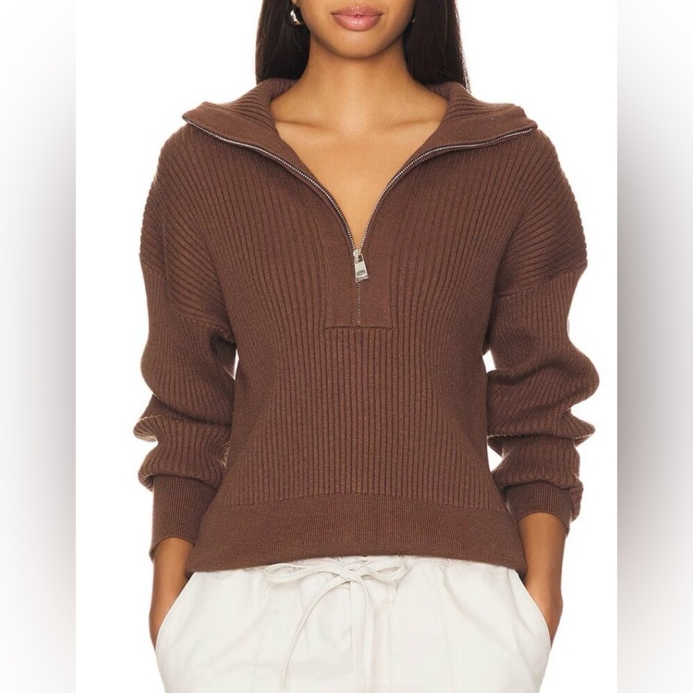 Varley Brown Ribbed Half-Zip Turtleneck Sweater